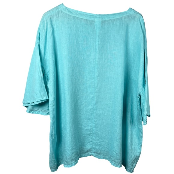 Match Point Turquoise 100% Linen Bell Sleeve Round Neck Top Sz XL Made USA - Picture 4 of 11